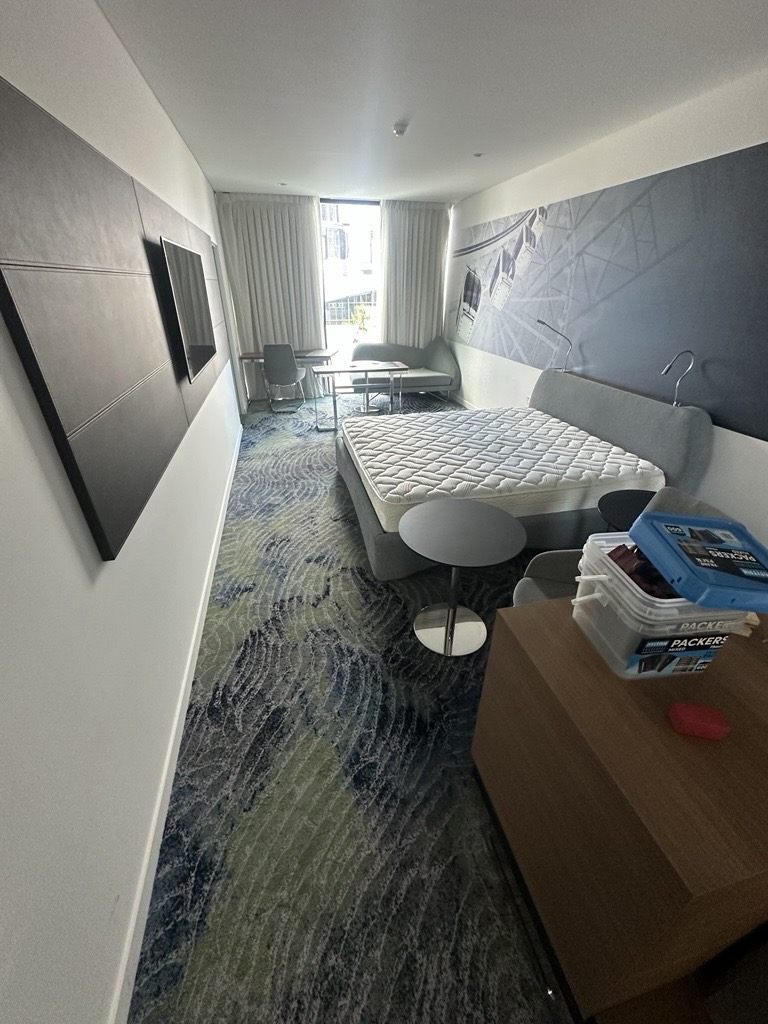 Hotel guest room with custom patterned carpet